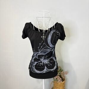 Cute vintage y2k black grunge tight scoop neck fitted blouse top